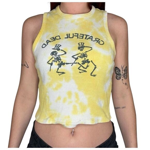 Grateful Dead Rare Yellow‎ Tie Dye Dancing Skeletons Stretch Tank Top Girls XXL - Picture 1 of 6